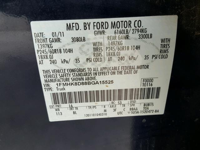 1FMHK8D88BGA15525 - 2011 FORD EXPLORER X BLUE photo 10