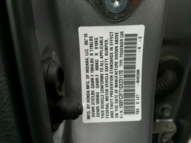 19XFC2F71GE231170 - 2016 HONDA CIVIC EX SILVER photo 10