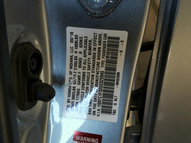 19XFC1F32GE025945 - 2016 HONDA CIVIC EX SILVER photo 10