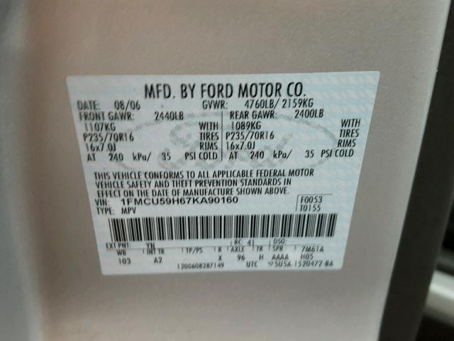 1FMCU59H67KA90160 - 2007 FORD ESCAPE HEV SILVER photo 10