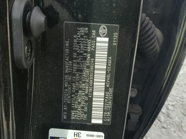 4T1BE46K89U398246 - 2009 TOYOTA CAMRY BASE BLACK photo 10