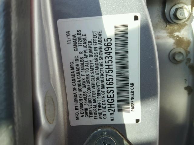 2HGES16575H534965 - 2005 HONDA CIVIC LX SILVER photo 10