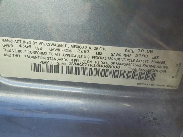 3VWRZ71K19M068000 - 2009 VOLKSWAGEN JETTA SE GRAY photo 10