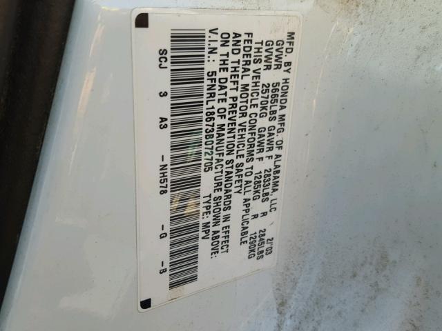 5FNRL18673B072705 - 2003 HONDA ODYSSEY EX WHITE photo 10