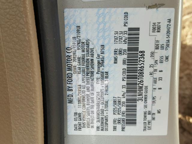 3LNHM26T08R652368 - 2008 LINCOLN MKZ კრემისფერი ფოტო 10