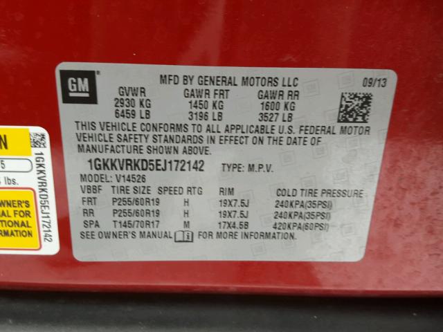 1GKKVRKD5EJ172142 - 2014 GMC ACADIA SLT წითელი ფოტო 10