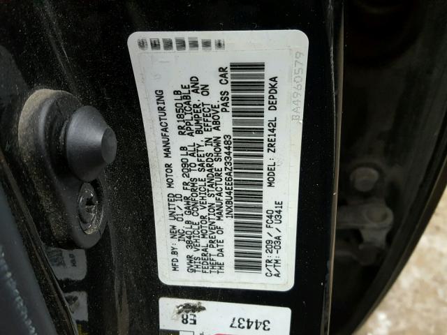 1NXBU4EE6AZ334483 - 2010 TOYOTA COROLLA BA BLACK photo 10