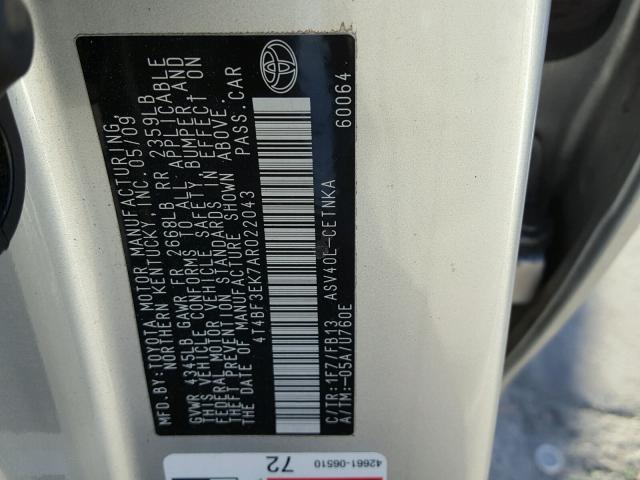 4T4BF3EK7AR022043 - 2010 TOYOTA CAMRY BASE SILVER photo 10