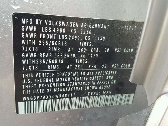 WVGBV7AXXCW548311 - 2012 VOLKSWAGEN TIGUAN S SILVER photo 10