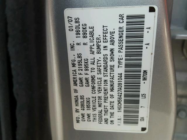 1HGCM56427A091044 - 2007 HONDA ACCORD LX SILVER photo 10