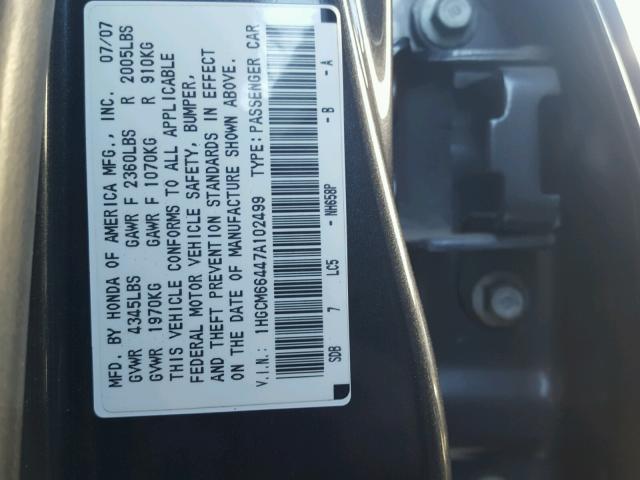 1HGCM66447A102499 - 2007 HONDA ACCORD SE GRAY photo 10