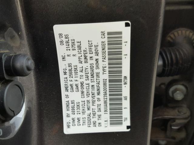 19UUA86239A000802 - 2009 ACURA TL GRAY photo 10