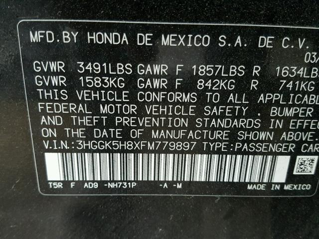 3HGGK5H8XFM779897 - 2015 HONDA FIT EX BLACK photo 10