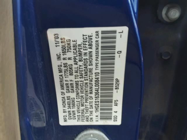 1HGES16364L008410 - 2004 HONDA CIVIC DX V BLUE photo 10