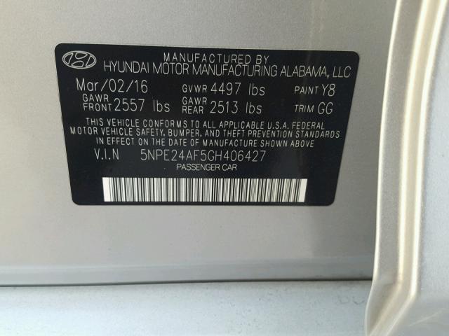 5NPE24AF5GH406427 - 2016 HYUNDAI SONATA SE SILVER photo 10