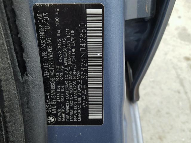 WBAET37424NJ42850 - 2004 BMW 325 I GRAY photo 10