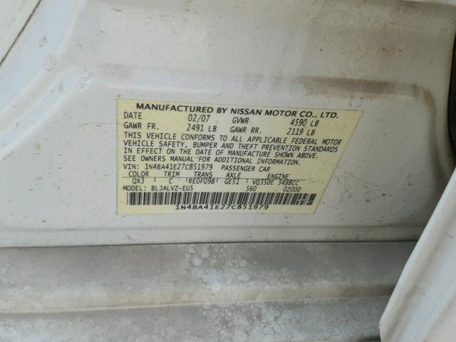 1N4BA41E27C851979 - 2007 NISSAN MAXIMA SE WHITE photo 10