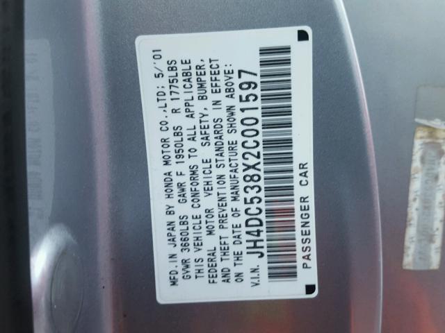 JH4DC538X2C001597 - 2002 ACURA RSX GRAY photo 10