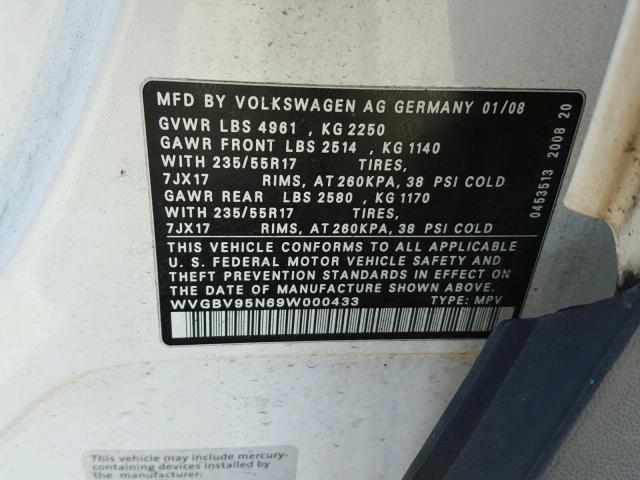 WVGBV95N69W000433 - 2009 VOLKSWAGEN TIGUAN SE WHITE photo 10