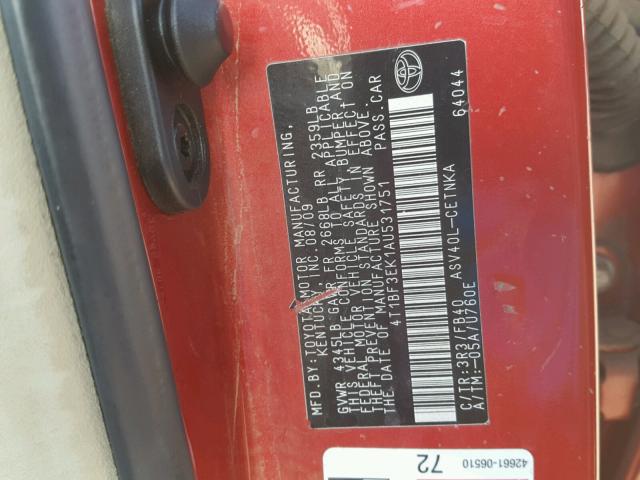 4T1BF3EK1AU531751 - 2010 TOYOTA CAMRY BASE RED photo 10