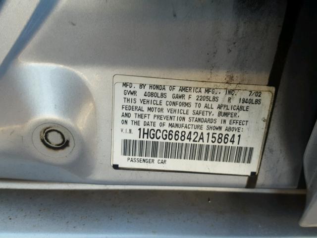 1HGCG66842A158641 - 2002 HONDA ACCORD EX SILVER photo 10