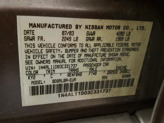 1N4AL11D03C331737 - 2003 NISSAN ALTIMA BAS TAN photo 10