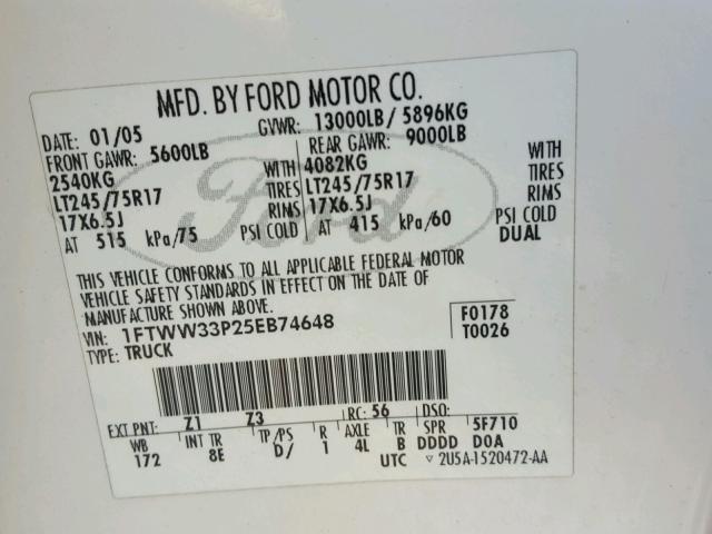 1FTWW33P25EB74648 - 2005 FORD F350 SUPER WHITE photo 10