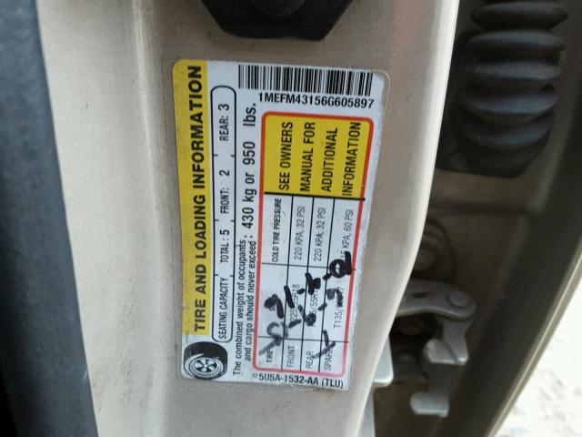 1MEFM43156G605897 - 2006 MERCURY MONTEGO PR 金色 照片 10