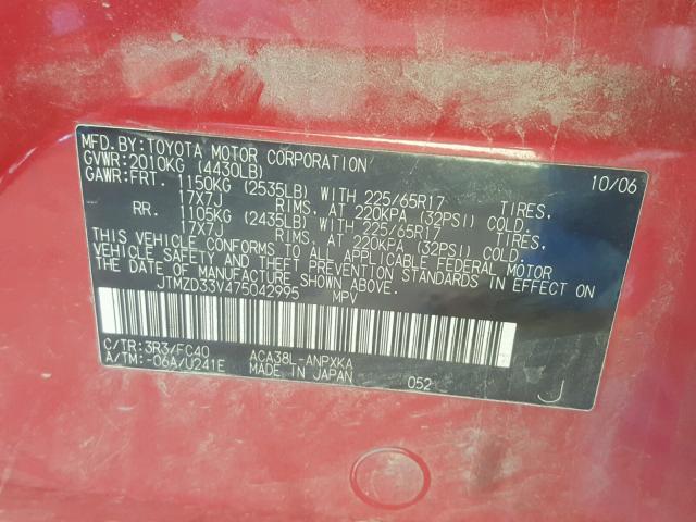 JTMZD33V475042995 - 2007 TOYOTA RAV4 RED photo 10