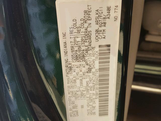 5TBRT38193S437745 - 2003 TOYOTA TUNDRA ACC GREEN photo 10