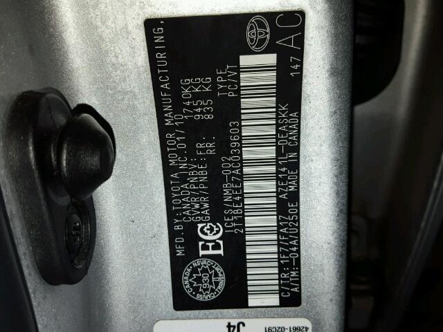 2T1BE4EE7AC039603 - 2010 TOYOTA COROLLA XR GRAY photo 10