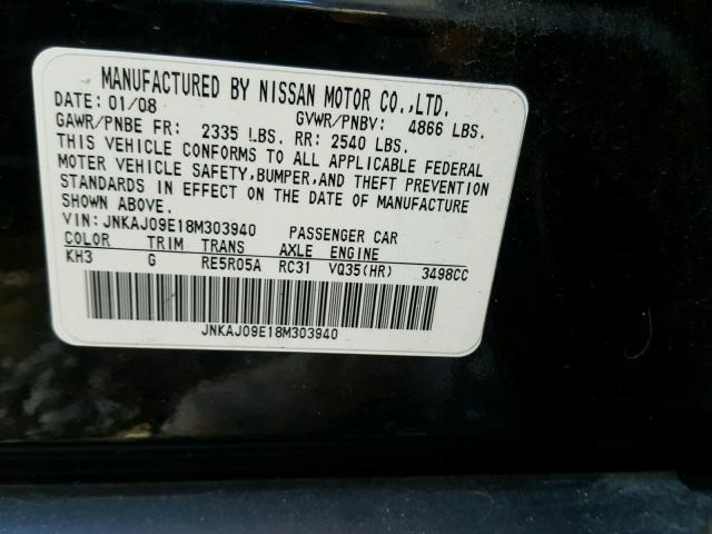 JNKAJ09E18M303940 - 2008 INFINITI EX35 BASE BLACK photo 10