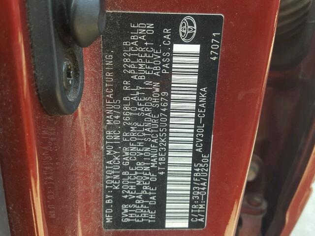4T1BE32K55U074679 - 2005 TOYOTA CAMRY LE RED photo 10