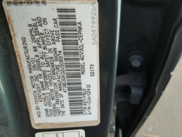 4T1BE30K02U508974 - 2002 TOYOTA CAMRY LE GREEN photo 10