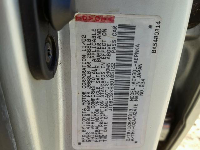 JTDBE32K630185122 - 2003 TOYOTA CAMRY LE SILVER photo 10