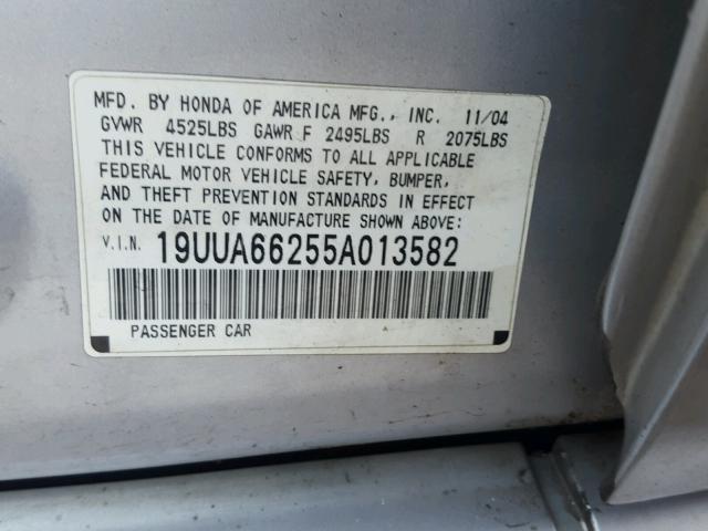 19UUA66255A013582 - 2005 ACURA TL SILVER photo 10