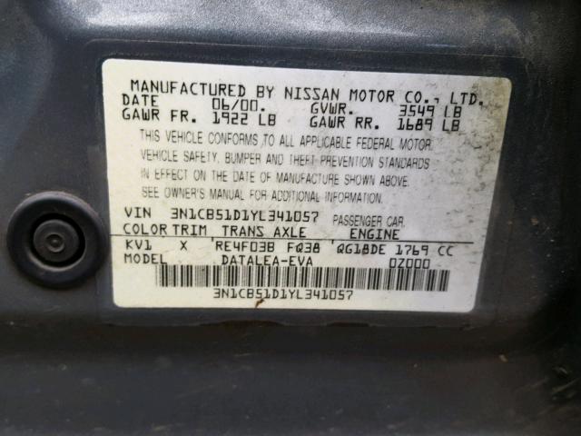 3N1CB51D1YL341057 - 2000 NISSAN SENTRA BAS GRAY photo 10