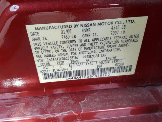 1N4BA41E06C838162 - 2006 NISSAN MAXIMA SE RED photo 10