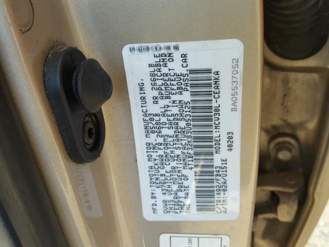 4T1BF32K83U053125 - 2003 TOYOTA CAMRY LE ოქროსფერი ფოტო 10