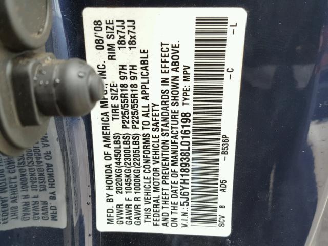 5J6YH18938L016198 - 2008 HONDA ELEMENT SC BLUE photo 10