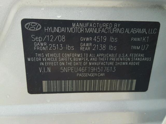 5NPEU46F19H517613 - 2009 HYUNDAI SONATA SE SILVER photo 10