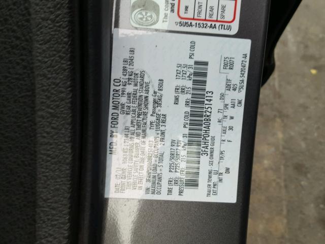 3FAHP0HA0BR251413 - 2011 FORD FUSION SE GRAY photo 10