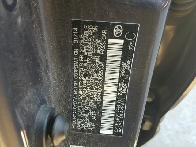 JTDKN3DP4E3055334 - 2014 TOYOTA PRIUS PLUG GRAY photo 10