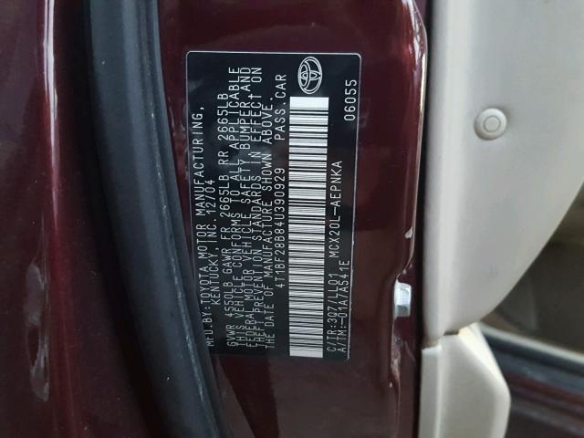 4T1BF28B84U390929 - 2004 TOYOTA AVALON XL MAROON photo 10