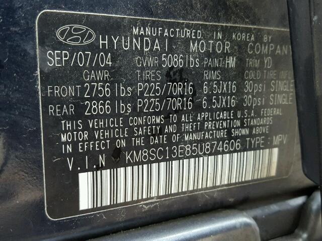 KM8SC13E85U874606 - 2005 HYUNDAI SANTA FE G BLUE photo 10