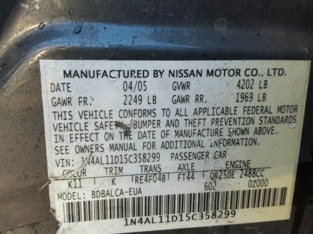 1N4AL11D15C358299 - 2005 NISSAN ALTIMA S GRAY photo 10