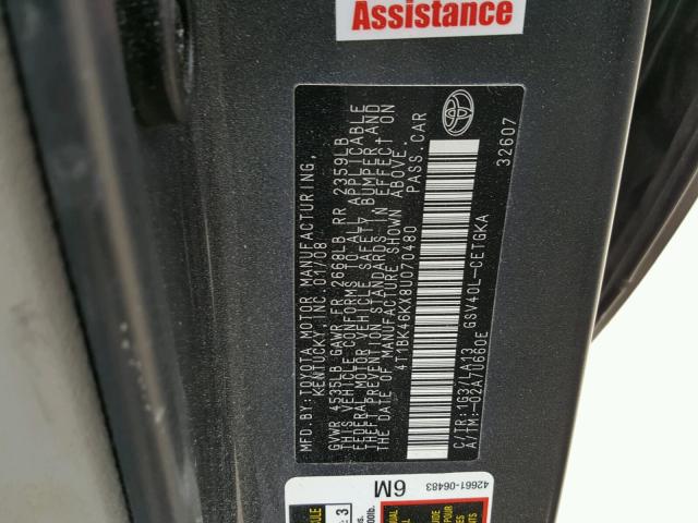 4T1BK46KX8U070480 - 2008 TOYOTA CAMRY LE ნაცრისფერი ფოტო 10