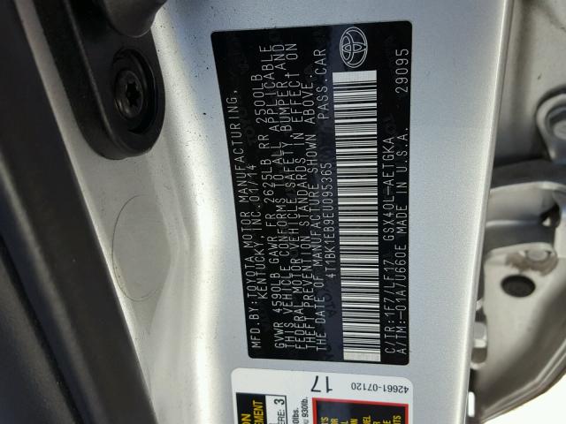 4T1BK1EB9EU095365 - 2014 TOYOTA AVALON BAS 银色 照片 10