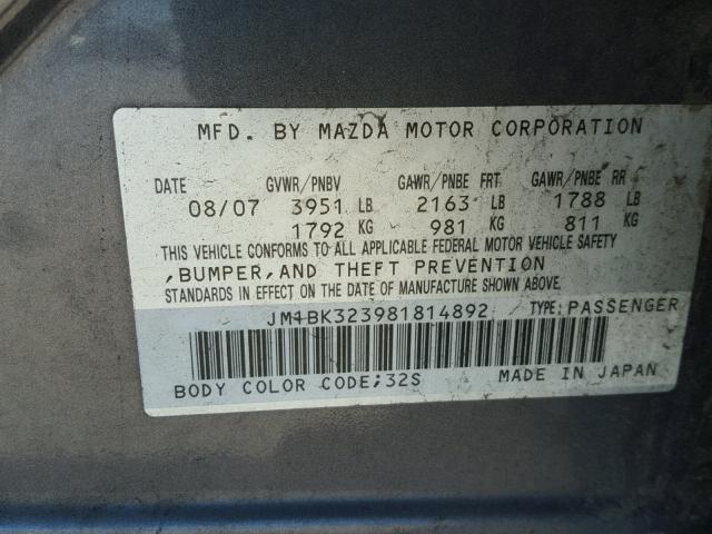 JM1BK323981814892 - 2008 MAZDA 3 S GRAY photo 10