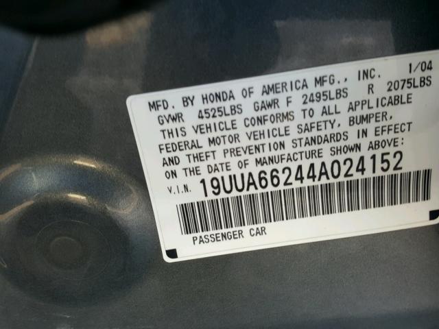 19UUA66244A024152 - 2004 ACURA TL GRAY photo 10